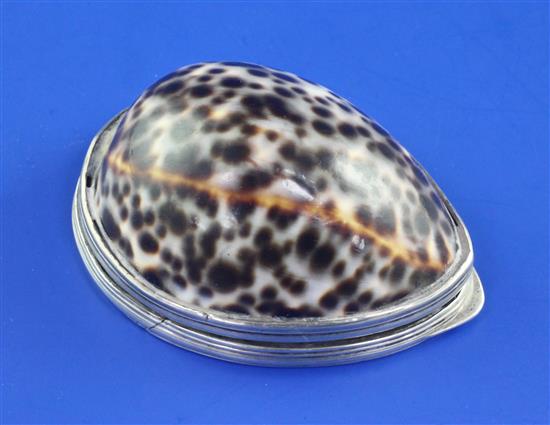 A George III Irish silver mounted cowrie shell snuff box, 3.25in.